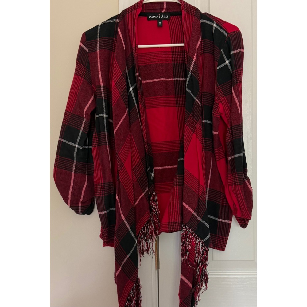 New Idea Red Black Plaid Open Front Waterfall Cardigan Fringe Roll Tab Sleeve M